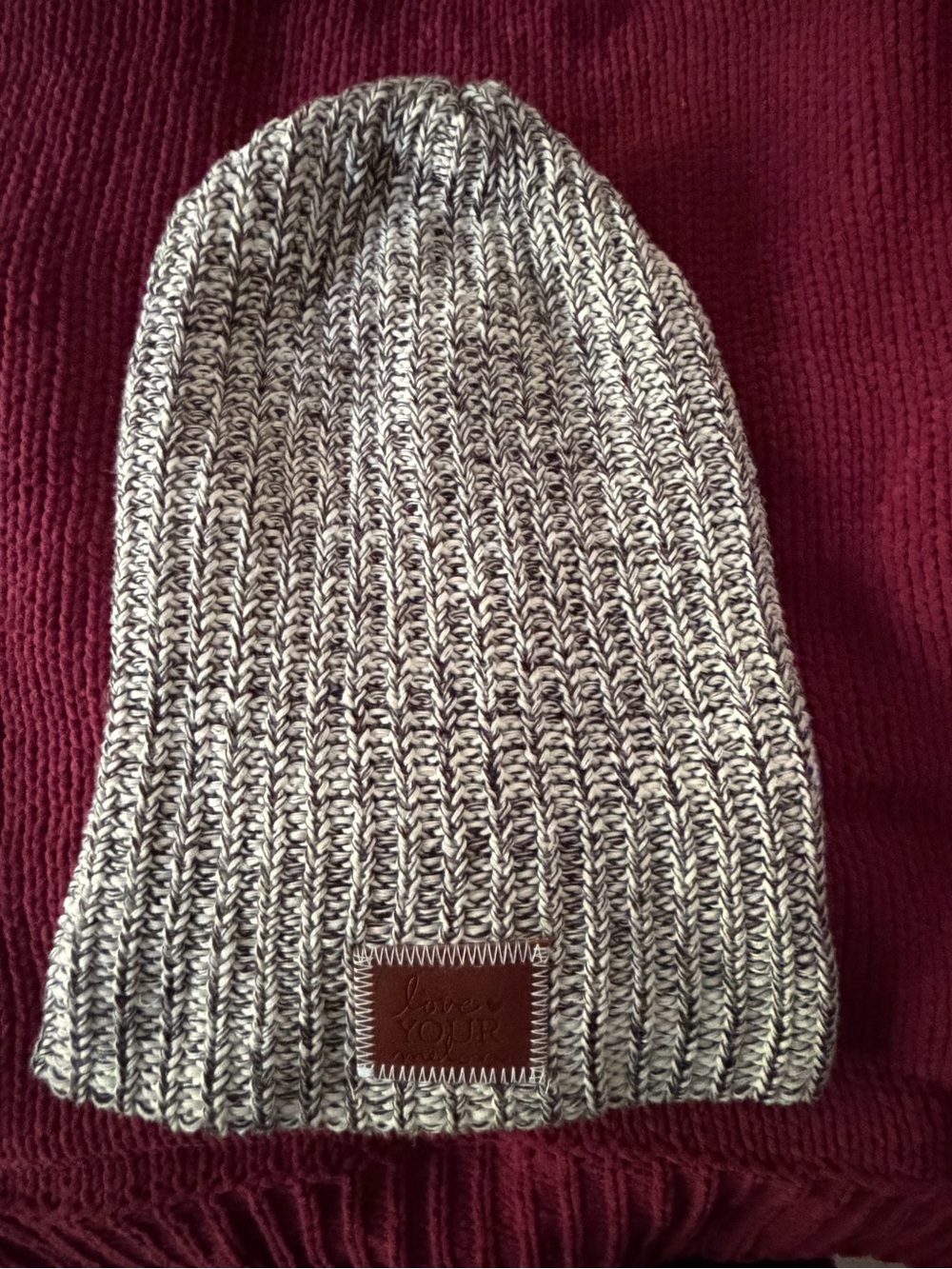 Love Your Melon Chunky Knit Marled Gray Burgundy Beanie Winter Hat